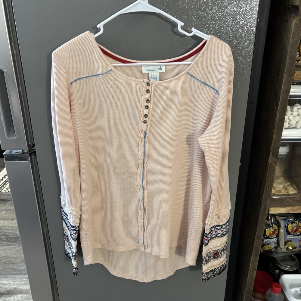 Sundance Waffle Knit Large Embellished Cuffโ Cream Thermal Long Sleeve Top